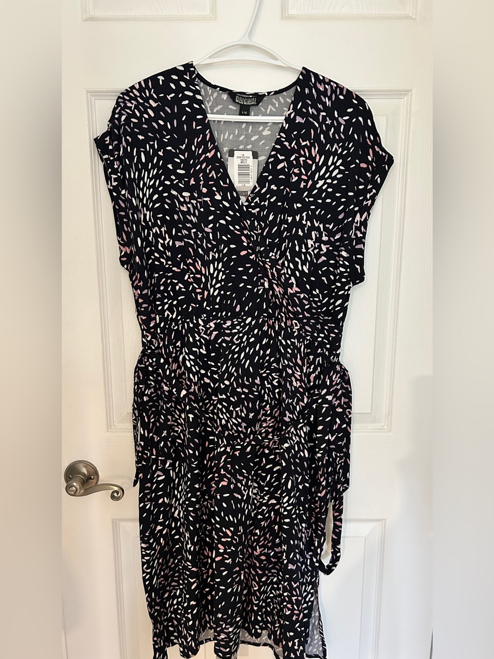 Navy Blue Printed Wrap Dress with Pink and White Accent